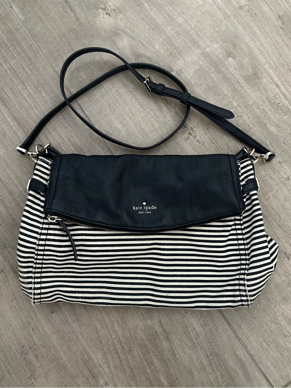 Kate Spade New York Black White Stripe Crossbody Bag Leather Flap Shoulder Purse
